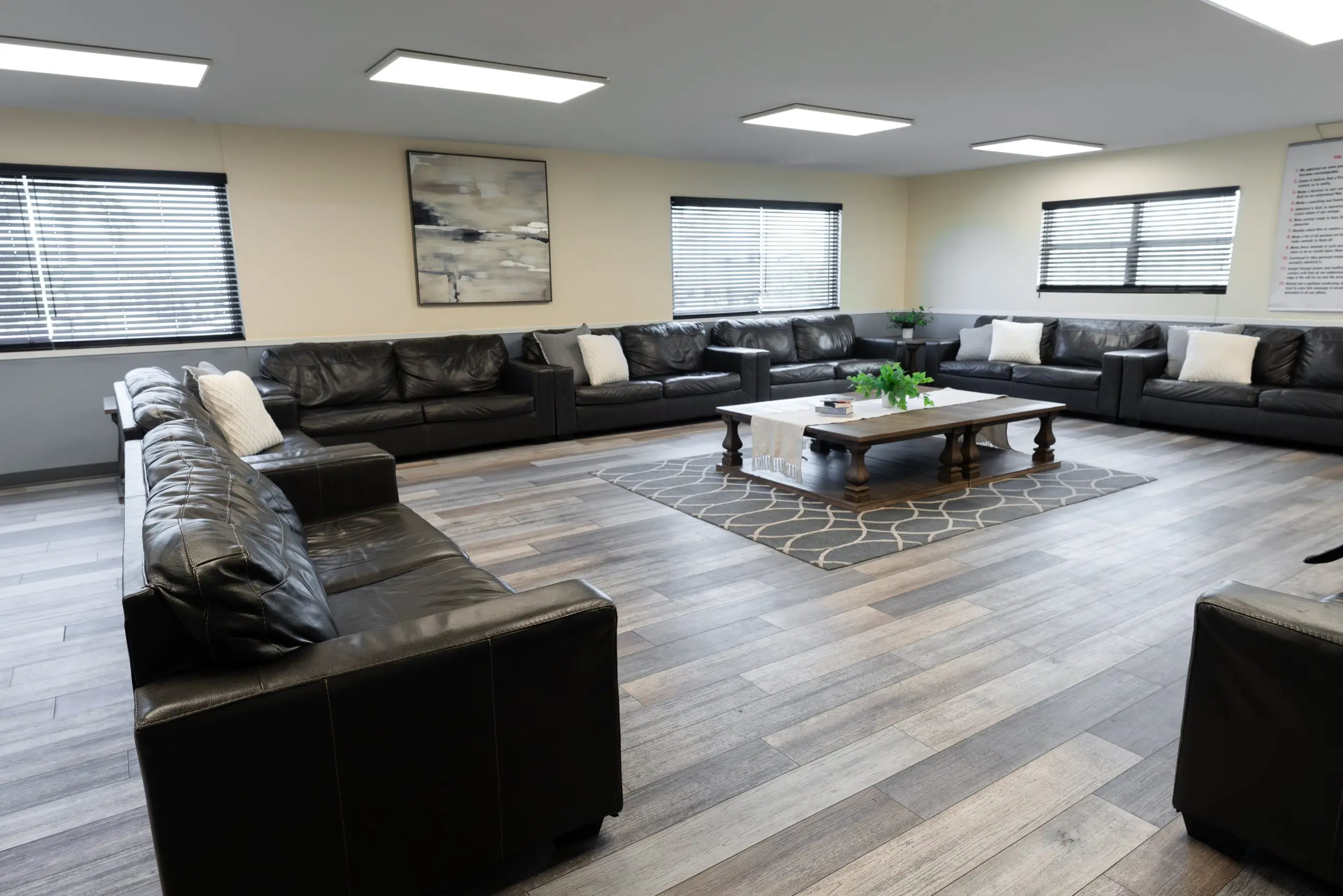 couch and coffee table in group room