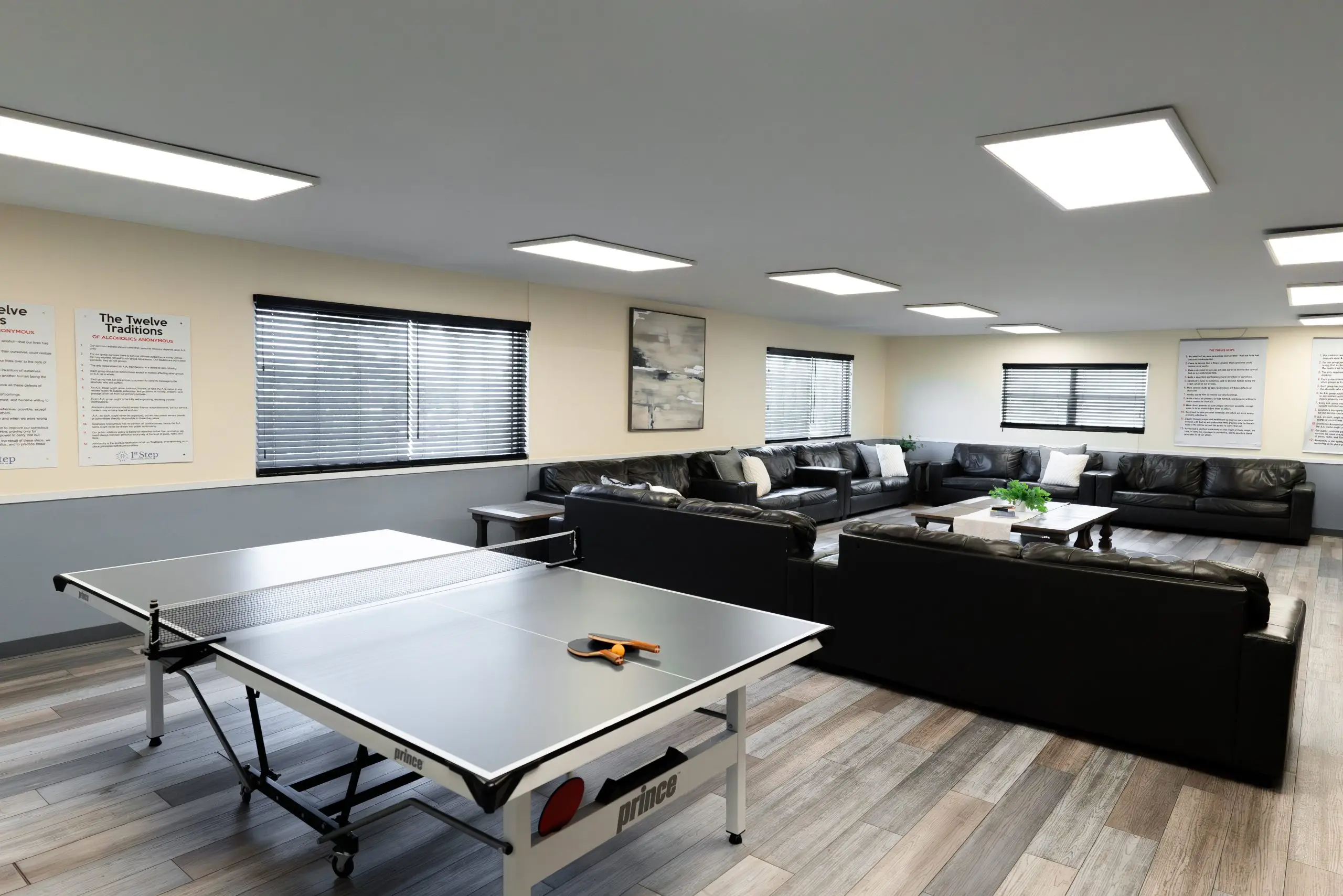 ping pong table and couch in group room